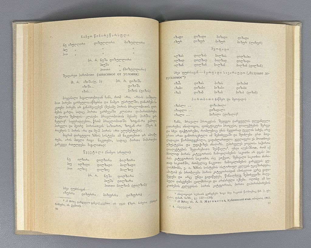 Andghuladze, N. Some Questions of the History of Class and Personal Conjugation in the Iberian-Caucasian Languages (K'lasovani da p'irovani ughvlilebis ist'oriis zogi sak'itkhi iberiul-k'avk'asiur enebshi). First edition, 1968. In Georgian.