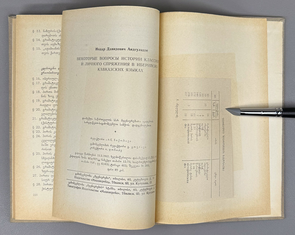 Andghuladze, N. Some Questions of the History of Class and Personal Conjugation in the Iberian-Caucasian Languages (K'lasovani da p'irovani ughvlilebis ist'oriis zogi sak'itkhi iberiul-k'avk'asiur enebshi). First edition, 1968. In Georgian.