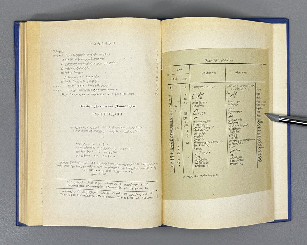 [Signed] Javelidze, E. Ruhi Bagdadi: Life, Worldview, Lyrics (Rukhi Bagdadi, tskhovreba, msoflomkhedveloba, lirika). 1968. In Georgian.