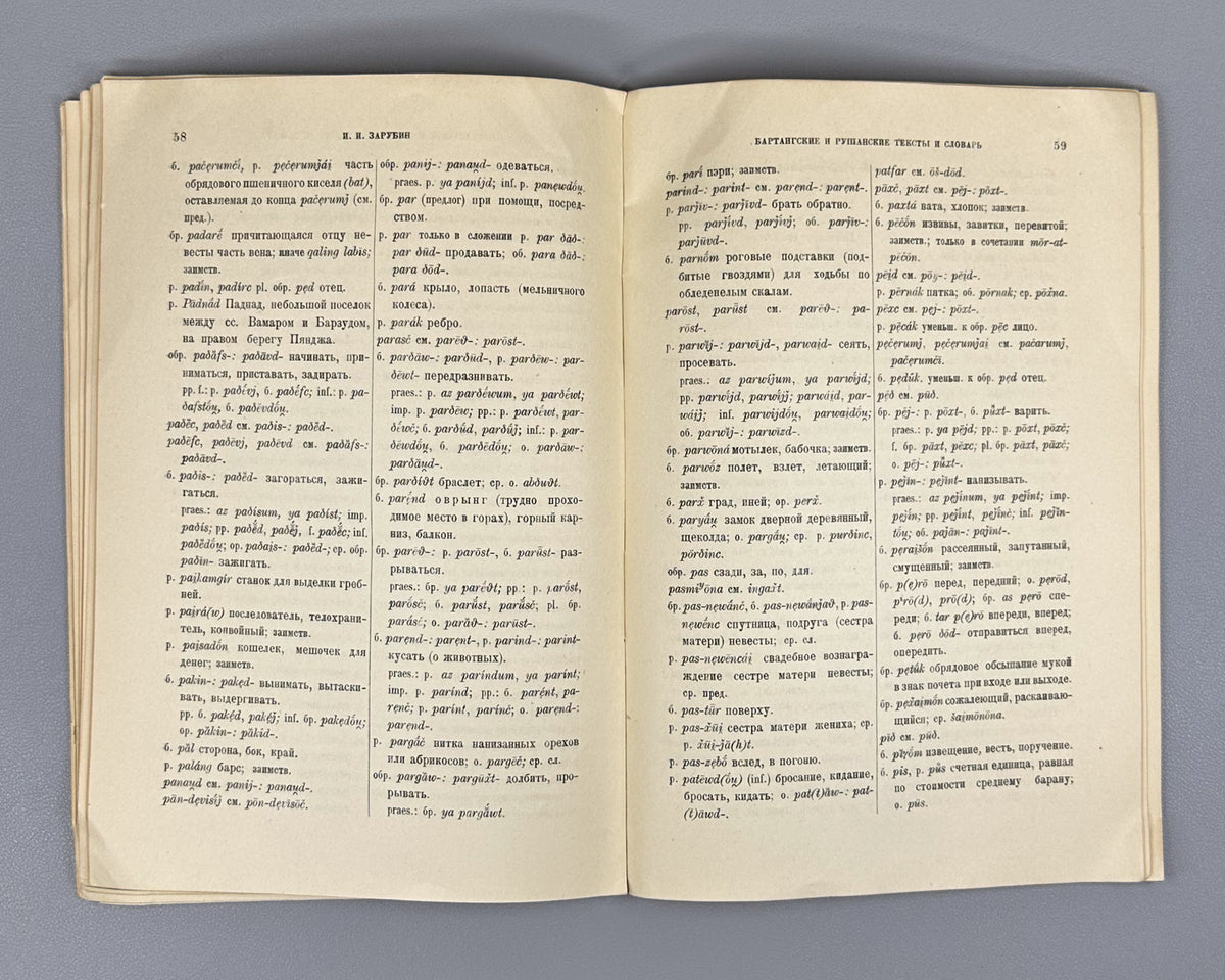[First edition] Zarubin, I. I. Bartang and Rushan Texts and Dictionary (Bartangskie i rushanskie teksty i slovar). 1937. In Russian, with texts in Bartangi and Rushani.