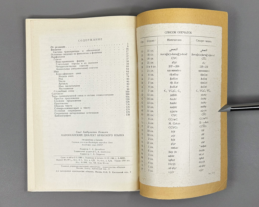 Kyamilev, S. The Moroccan Dialect of Arabic (Marokkansky dialekt arabskogo yazyka). Series: Languages of the Peoples of Asia and Africa, 1968. First edition. In Russian.