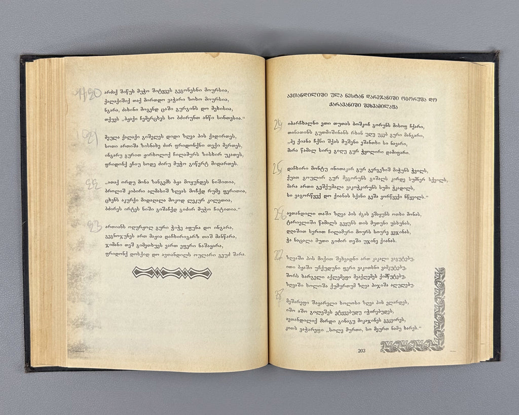[Rare Sukhumi Mingrelian Edition] Rustaveli, Shota. The Knight in the Panther's Skin (Q'iloshi t'q'ebami / Vepkhist'q'aosani [megrul enaze]). Translated into Mingrelian by Gedevan Shanava. Sukhumi, 1991. In Mingrelian.
