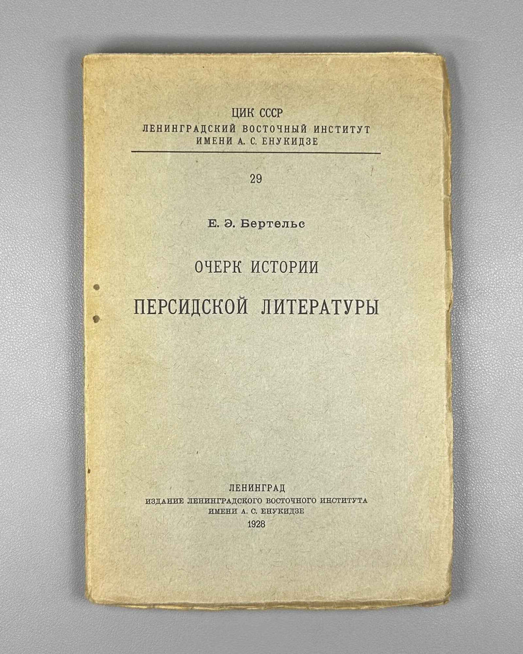 Bertels, Yevgeny. Essay on the History of Persian Literature (Ocherk istorii persidskoi literatury). First edition. Publication of the Leningrad Oriental Institute named after A. S. Enukidze, 1928. In Russian.