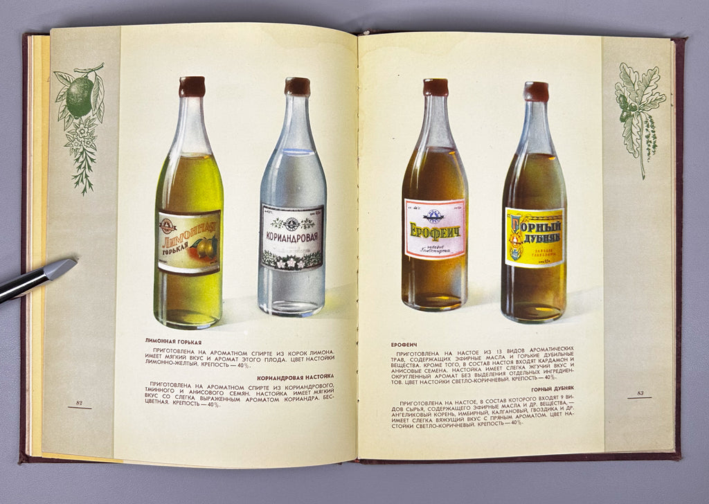 Catalogue of Liqueur and Vodka Products (Katalog likerno-vodochnykh izdeliy) / illustrated by N. I. Martynov, P. I. Tomazo, A. S. Stupin, and A. M. Yakovlev; Art-Design Combine of Pishchepromizdat MPPT USSR, 1957. In Russian.
