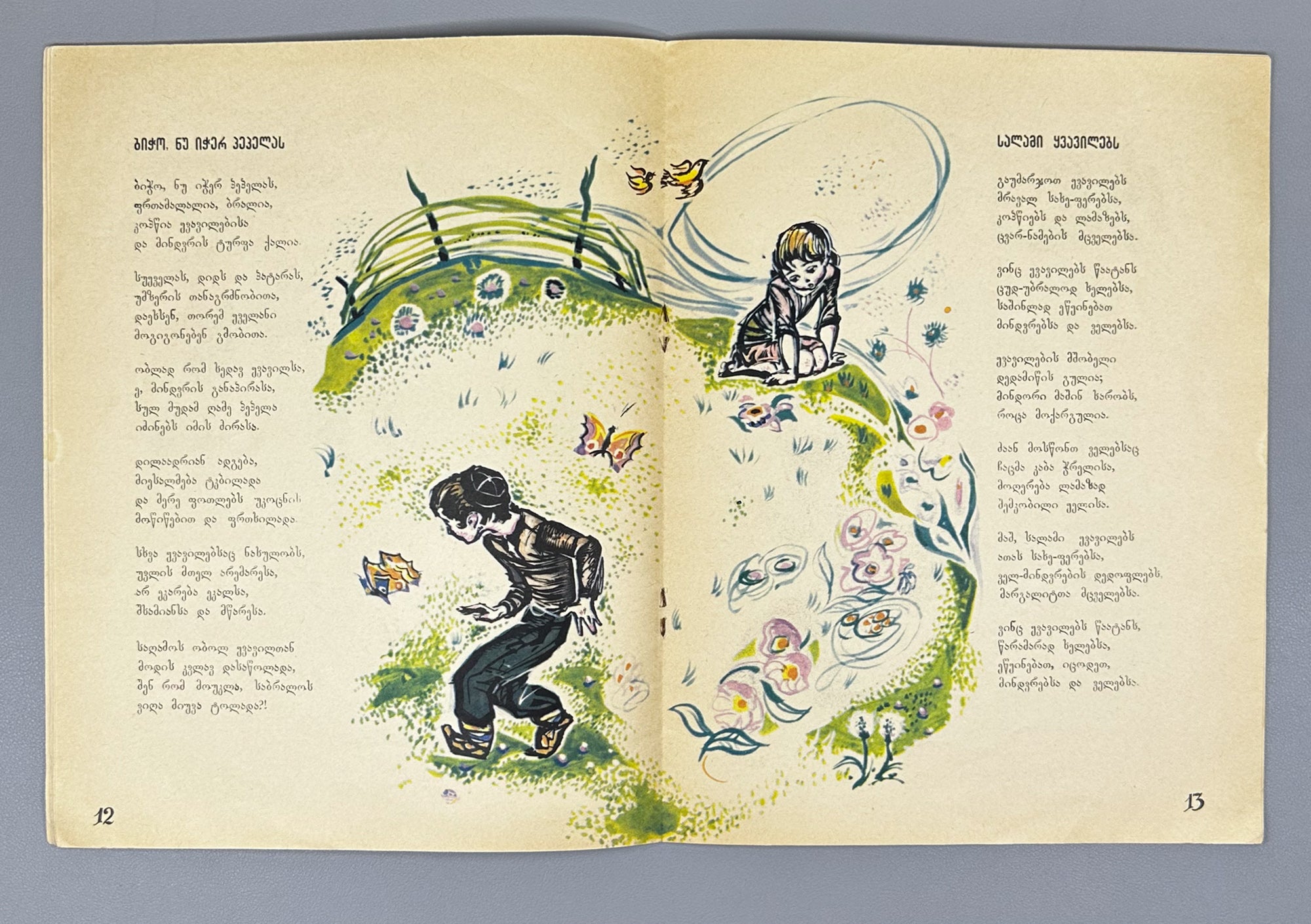 Mgvimeli, Shio. Boy, Don't Catch the Butterfly (Bicho, nu icher pepelas) Illustrated by Z. Medzmariashvili. Tbilisi, 1967. In Georgian.