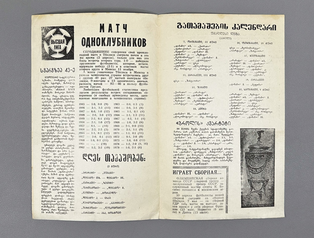 Lot of 10 Football Match Programs: Dinamo Tbilisi and USSR National Team, 1979-1981. In Georgian and Russian.