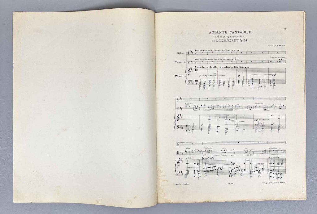 Tchaikovsky, P. I. Andante cantabile: tiré de la Symphonie № 5: Op. 64. Arranged for Violin, Violoncelle, and Piano by Fr. Spiro, 1904. In French