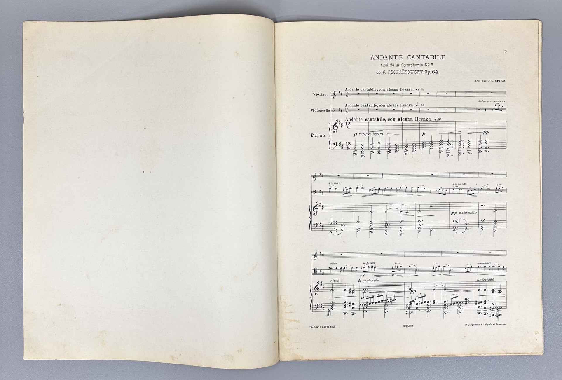 Tchaikovsky, P. I. Andante cantabile: tiré de la Symphonie № 5: Op. 64. Arranged for Violin, Violoncelle, and Piano by Fr. Spiro, 1904. In French