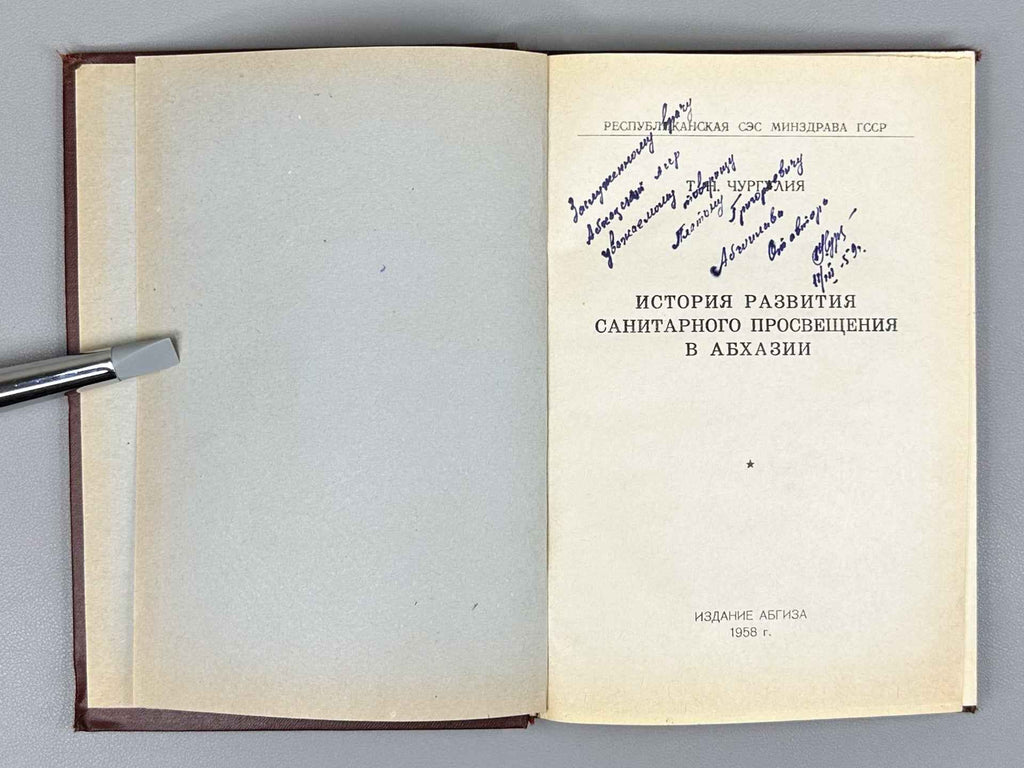[Signed] Churgulia, T. N. History of the Development of Sanitary Education in Abkhazia (Istoriya razvitiya sanitarnogo prosveshcheniya v Abkhazii), 1958. In Russian