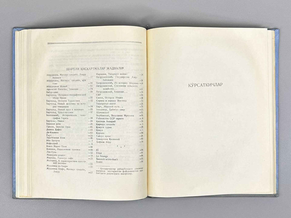 Urinboev, A. Abdurazzoq Samarkandiy’s Travels to India (Abdurazzoq Samarkandiyning Hindiston safornomasi), 1960. In Uzbek and Persian.