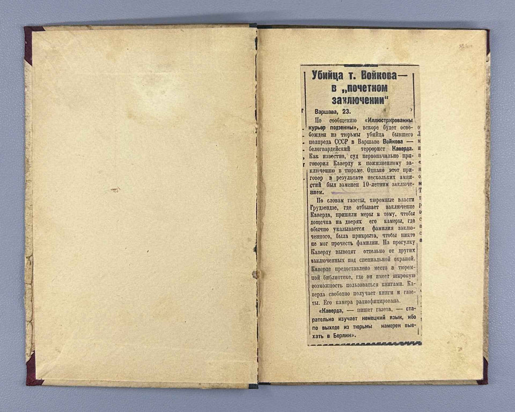 [Banned] The Assassin of Comrade Voykov Before the Polish Court (Ubiitsa tov. Voykova pered polskim sudom). Cover design by N. Sedelnikov, 1927. In Russian.