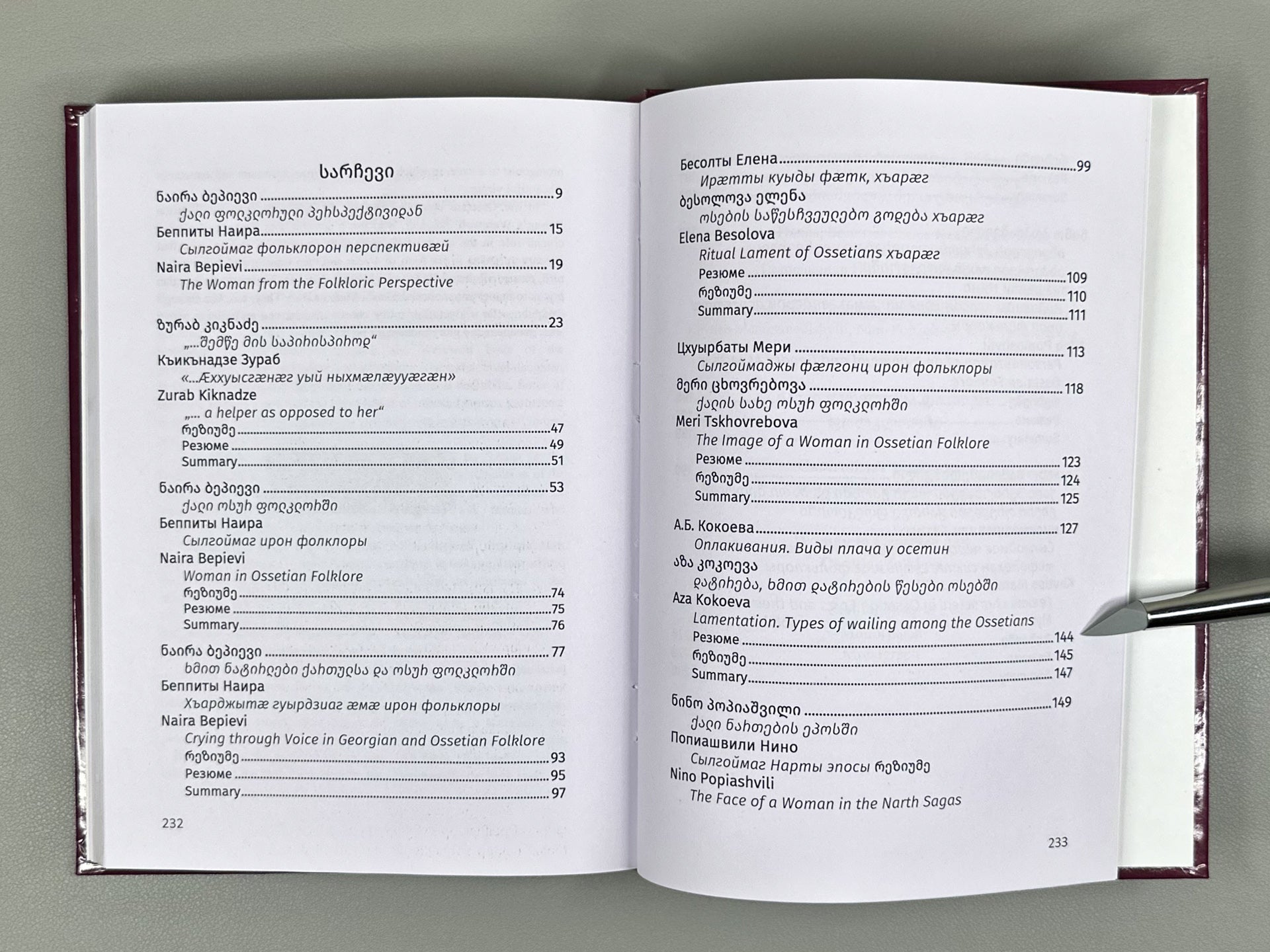 Bepievi, N., Besolova, E., Kiknadze, Z., et al. Woman in Georgian and Ossetian Folklore (Kali qartulsa da osur polklorshi / Sylgoimag guyrdziag ama iron folklory), 2022. In Georgian, Ossetian, and English.