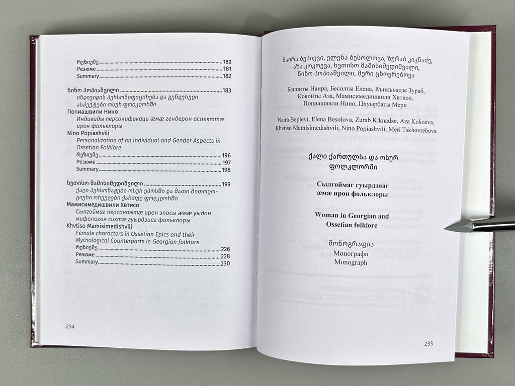 Bepievi, N., Besolova, E., Kiknadze, Z., et al. Woman in Georgian and Ossetian Folklore (Kali qartulsa da osur polklorshi / Sylgoimag guyrdziag ama iron folklory), 2022. In Georgian, Ossetian, and English.