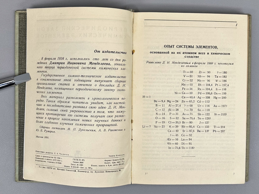 Mendeleev, D. I. 1834-1934. The Periodic Law of Chemical Elements. Collection (Periodicheskiy zakon khimicheskikh elementov. Sbornik), 1934. In Russian.