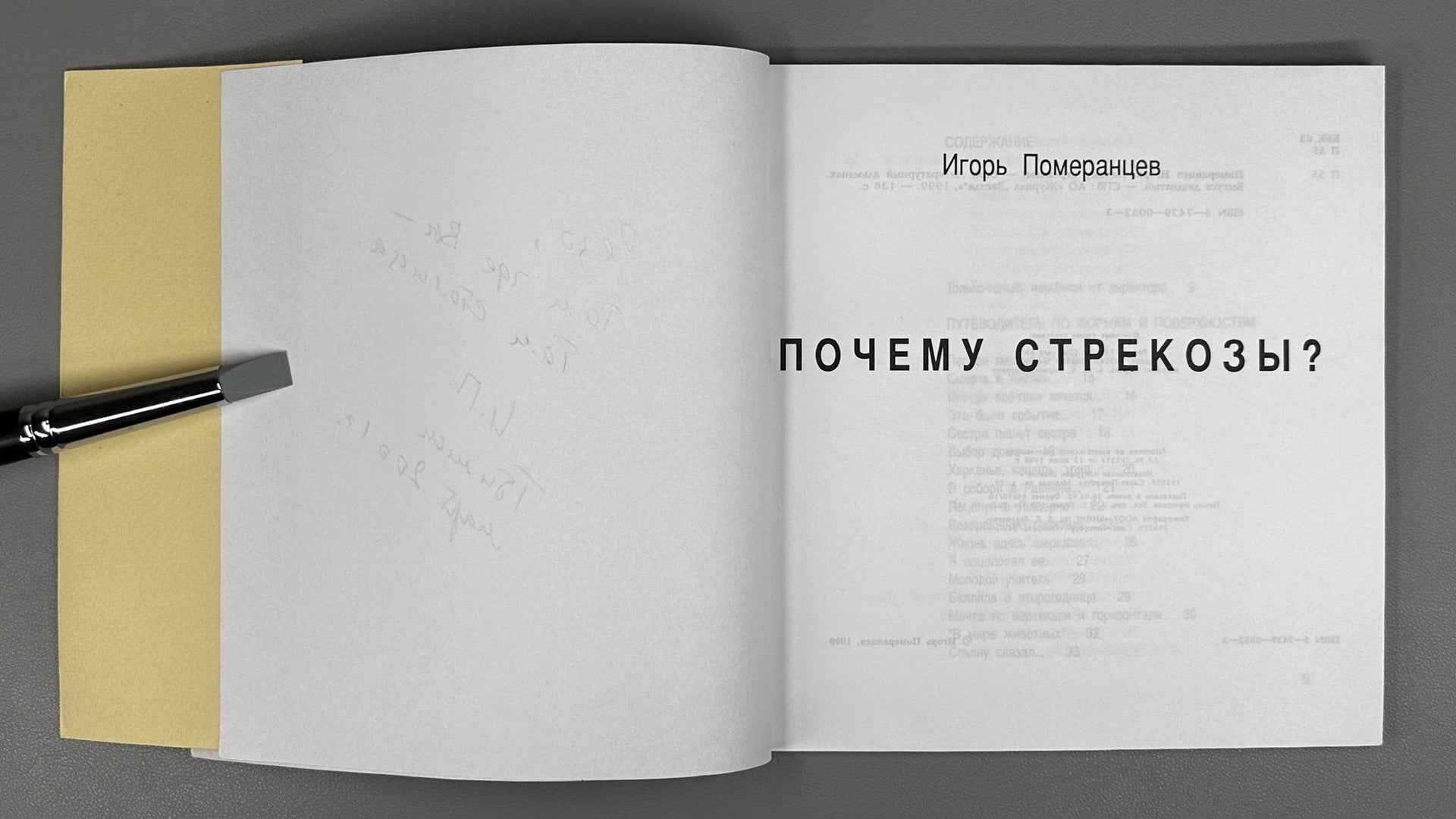 [Signed] Pomerantsev, I. Why Dragonflies? (Pochemu strekozy?). Illustrated by Viktor Pivovarov, 1999. In Russian.