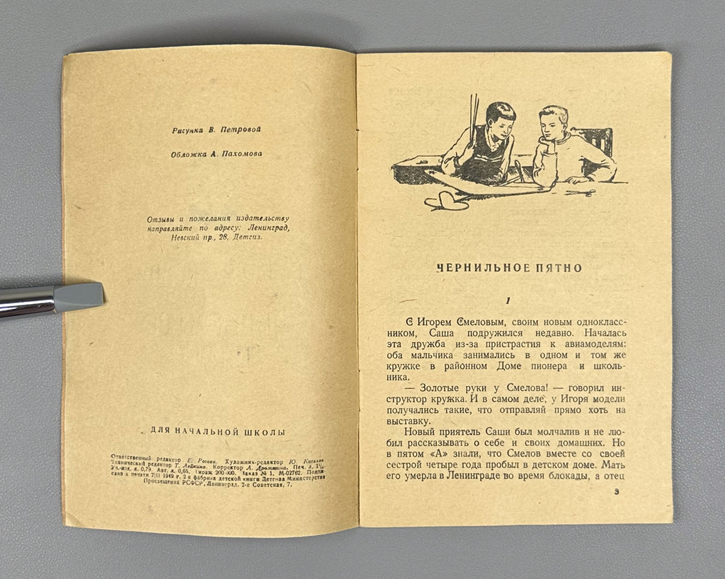 Boronina, E. A. The Ink Blot (Chernil'noe Pyatno): A Story for Elementary School. Ill. by V. Petrova; cover by A. Pakhomov, 1949. In Russian.